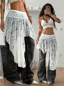 Bohemela Women's Summer Western Wear Lace See-Through Asymmetrical Hem White Skirt