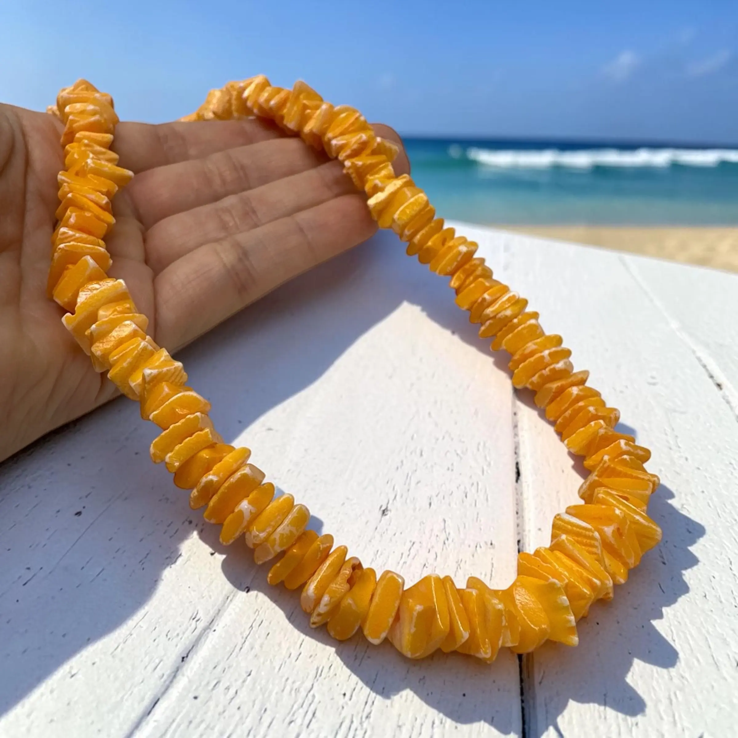 Orange Puka Sea Shell Necklace 16 Inches Unisex Natural Shell Beads Fashion Jewelry for Beach Outings
