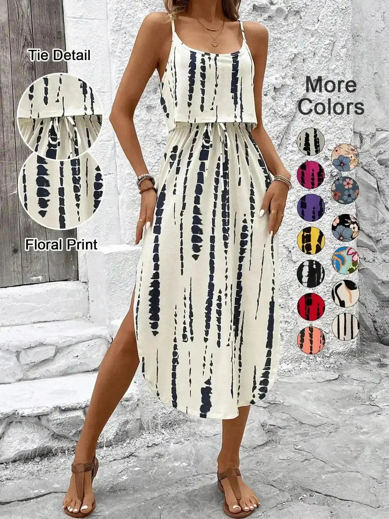 2026 Women's Spring Summer Fall Tie Dye Lightweight Thin Strap Split Thigh Waist Cinched Dress, Multicolor Floral Print, Casual Vacation, prom dress, velvet party dress, formal dress, maxi dress