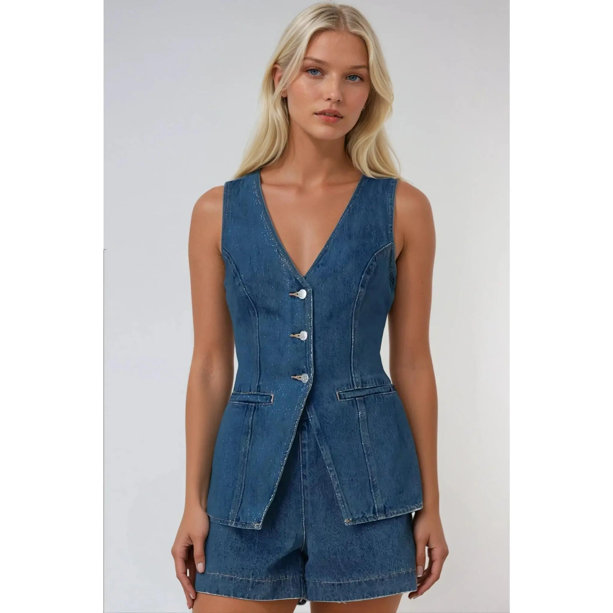 Women's Casual Longline Denim Vest - Solid Blue, Sleeveless, Button-Front Top with Pockets