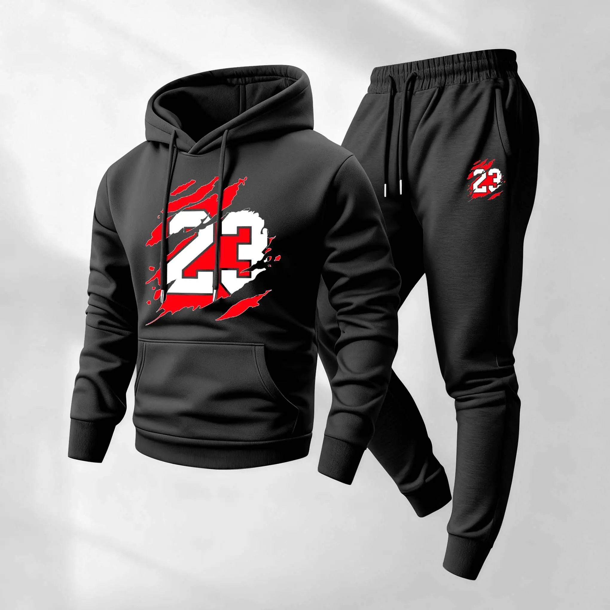 Men's Retro Basketball 23 Patterned Hoodie And Drawstring Track Pants Set, Men's Casual Athletic Long-Sleeved Hooded Jacket And Pants, Suitable For Fall And Winter, Street Style Hoodie Set, Everyday Wear, Indoor And Outdoor Sportswear