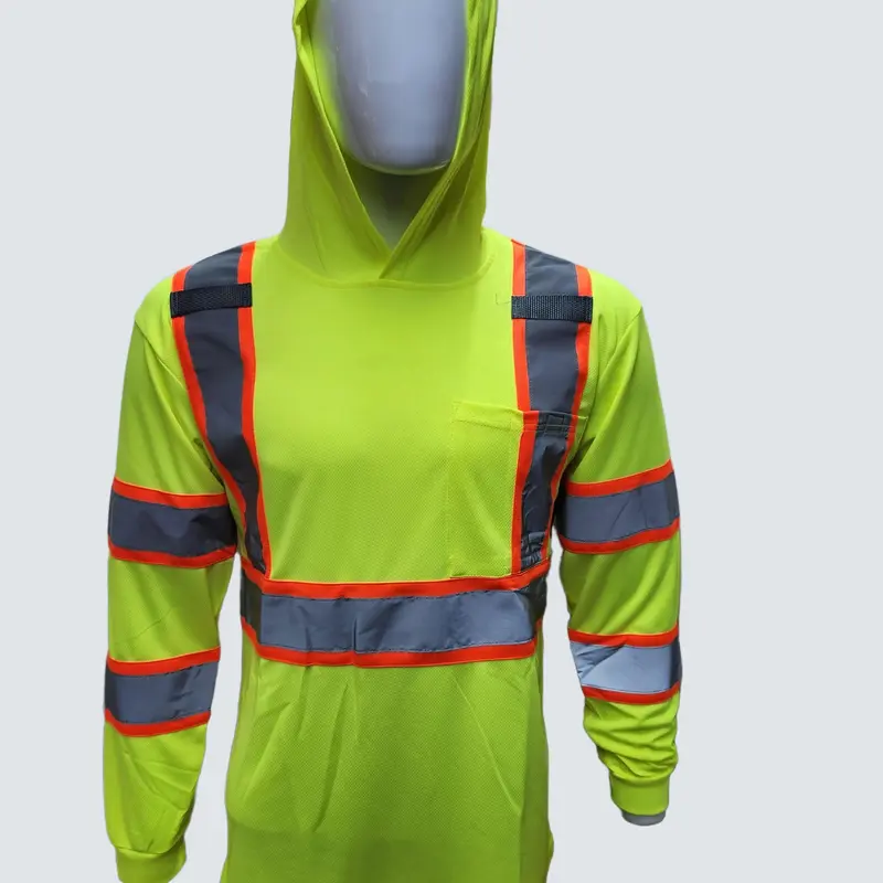 High Visibility Yellow Long Sleeve Safety Shirt with hoodie / ANSI Rate Class 3 Polyester