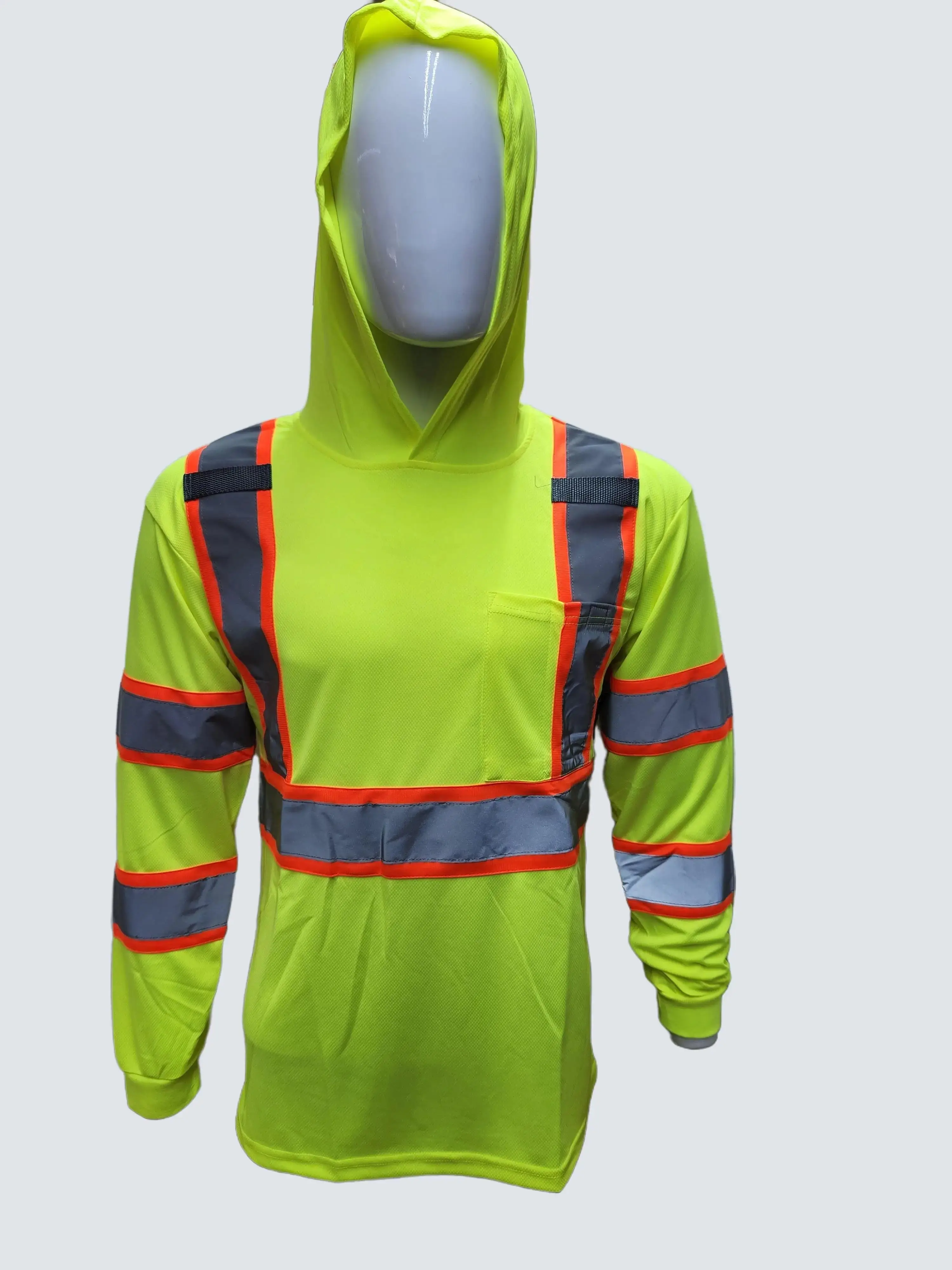 High Visibility Yellow Long Sleeve Safety Shirt with hoodie / ANSI Rate Class 3 Polyester