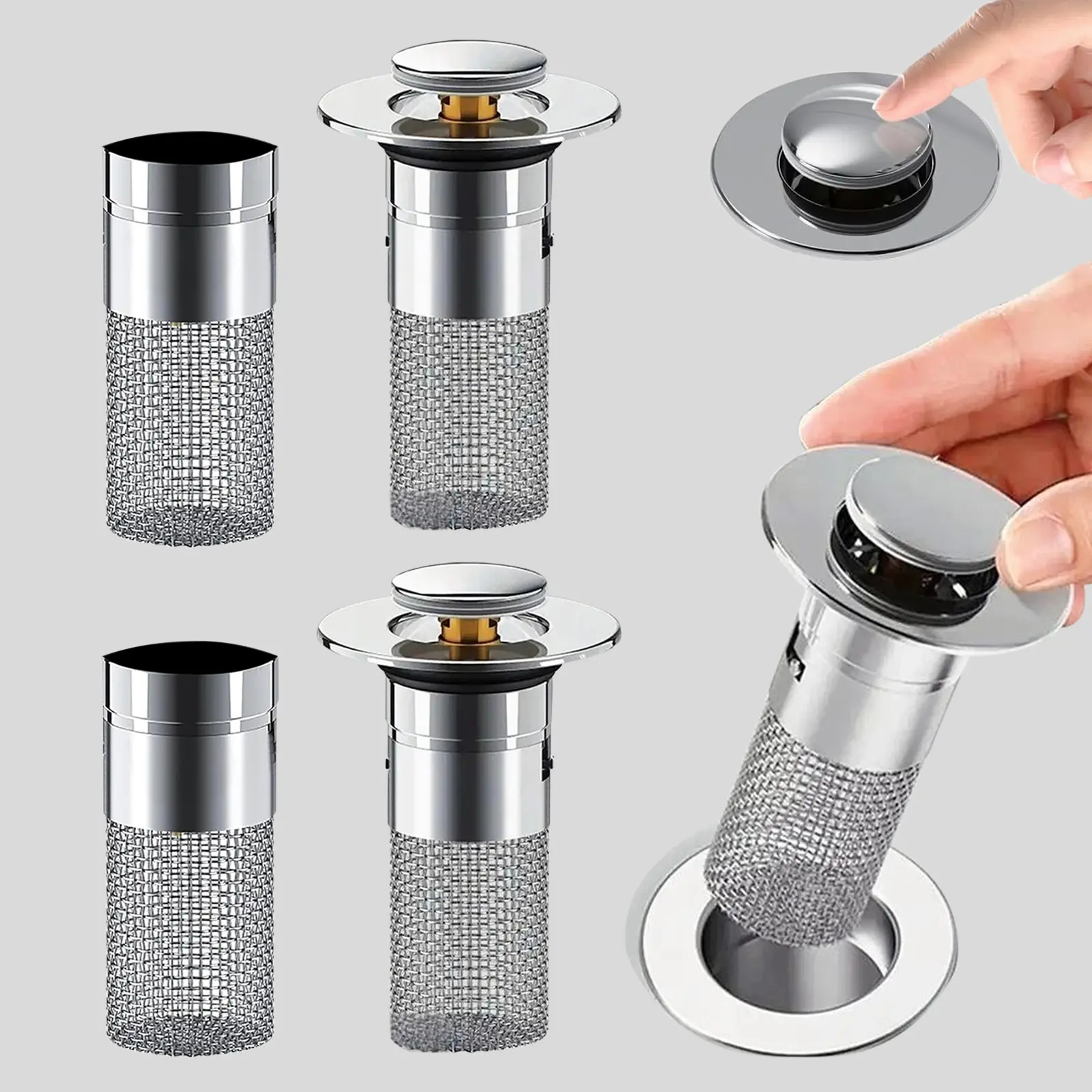 2Pcs Universal Bathroom Sink Stopper Set, Pop-Up Drain Filter & Hair Catcher - Clog Prevention, Renter-Friendly No-Plumber Installation, Odor Blocking, Lost Jewelry Protection, Durable Fit for All Standard Drains