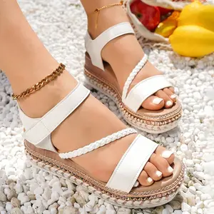 Summer Fit Upgrade Alert White Braided-Strap Platform Sandals with Rhinestone Soles Comfy Height Glitzy Details for Dresses Jeans Casual Looks