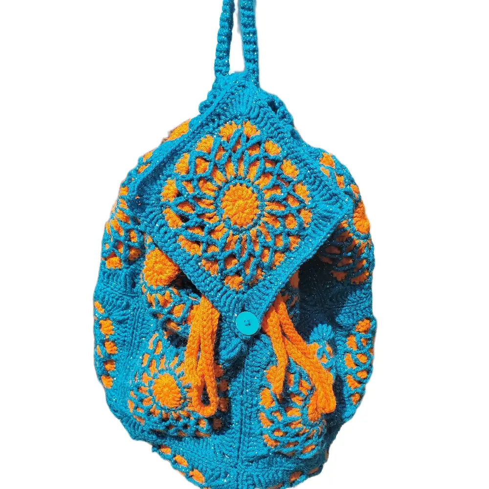 Kaye's Kreations Stained Glass Granny Square Backpack- Sparkly Blue and Orange