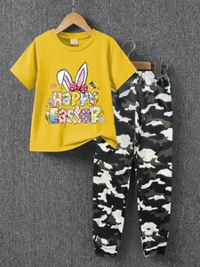 Boys' Summer Fashion Casual Short Sleeve T-Shirt & Comfortable Camo Sweatpants Set, Creative Easter Egg Rabbit Pattern, Gift for Boys
