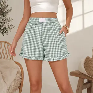 Casual Summer Plaid Shorts for Women - Comfy Elastic Waist Ruffled Hem Beach Shorts