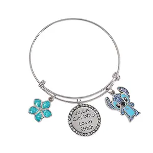 Disney Fans Adjustable Bracelet with Stitch Charm & Blue Flower Just A Girl Who Loves Stitch Must Have Accessory for Female