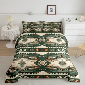 Green Southwestern Luxury Bedding Set,Geometric Designer Comforter Set,Tribal Native American Indian Comforter,Exotic Style Stripe Line Duvet Set