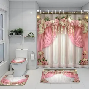 1/4 pcs floral pattern bathroom curtain set, non-slip floor mat, U-shaped carpet, toilet lid cover, perfect for bathroom decoration, partition, beautify the space, free 12 shower curtain hooks, Flower