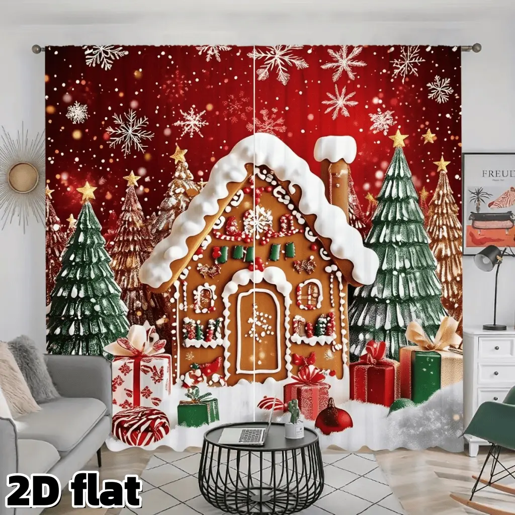 2D Flat 2Pcs Christmas Gingerbread House Curtain Panel, Window Curtain Panels, Holiday Snowflake Pattern, Pole Pocket Design, Semi Sunshade Polyester Fabric, for Living Room Bedroom Window Treatment, Festive Home Decor, Privacy Protection