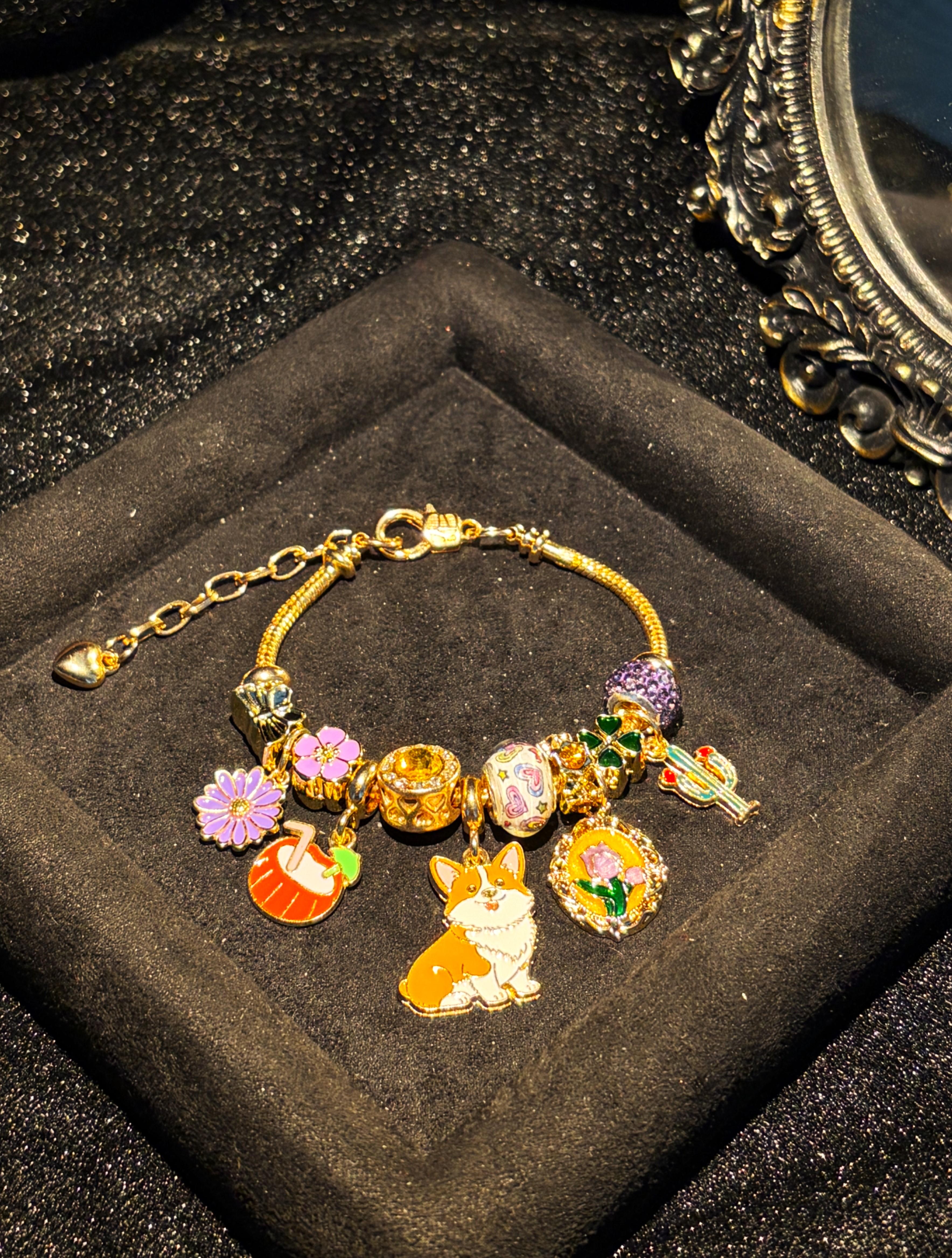Cute Corgi Dog Charm Bracelet - Multi-Charm Coconut, Flower, Cactus, Car Photo Frame Beaded Bracelet, Stackable Fashion Jewelry Gift for Women