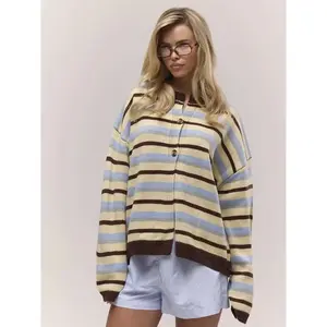 Women's Striped Vintage Knit Cardigan, Fall Winter New Design, Unique Elegant Loose Fit Sweater, Casual Versatile Round Neck Top