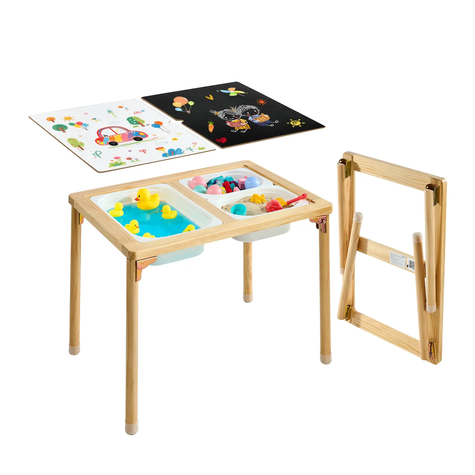 【SummerFinds】VEVOR Sensory Table for Toddlers, Foldable Wooden Kids Activity Table with Double-Sided Board, Storage Bins, and Non-Slip Feet, for Boys and Girls Playing Sand and Water, Drawing, Studying, Dining