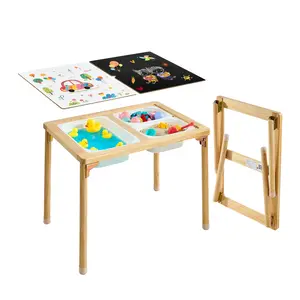 【DealsForYouDays】VEVOR Sensory Table for Toddlers, Foldable Wooden Kids Activity Table with Double-Sided Board, Storage Bins, and Non-Slip Feet, for Boys and Girls Playing Sand and Water, Drawing, Studying, Dining