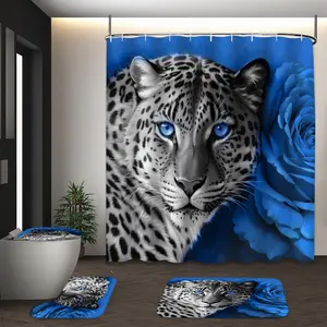 LVRLVR 4pcs Blue Eyed Leopard Blue Rose Luxury Modern Wildlife Bathroom Set with Shower Curtain, Bath Rugs and Hooks - 70.8"×70.8" (180×180cm) Shower Curtain Sets
