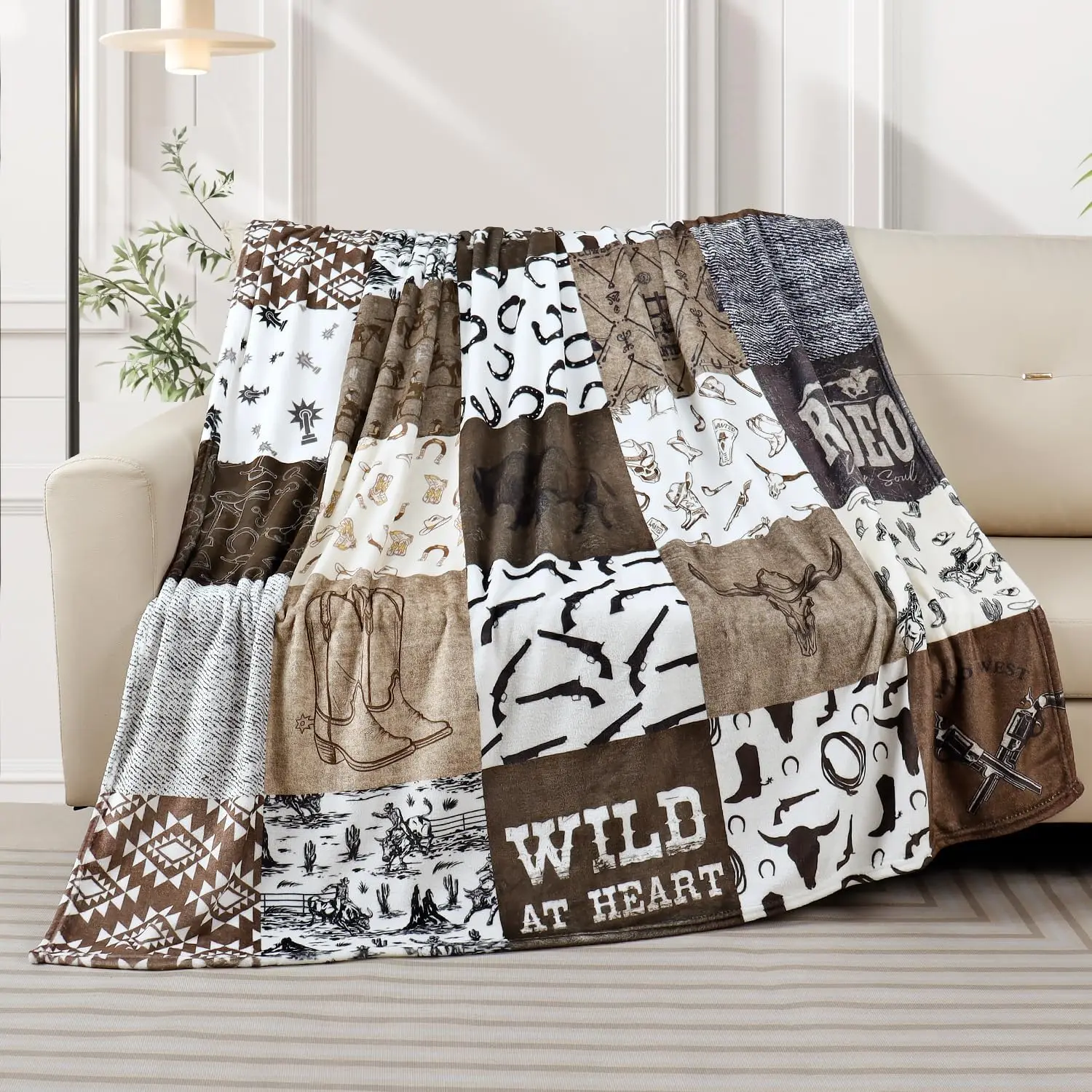 Western Rustic Cowboy Patchwork Flannel Throw Blanket - Wild At Heart Bull, Cowboy Boot, Horseshoe Patterns, Soft Texture, Multi-Size, Country Farmhouse Home Decor for Living Room