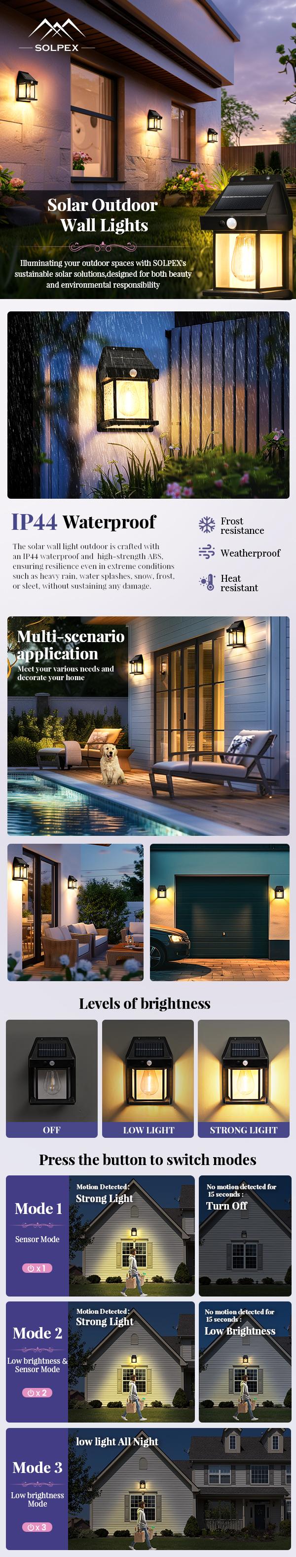 SOLPEX 2 Pack Solar Wall Lights Outdoor, Motion Sensor with 3 Lighting Modes, Waterproof Solar Porch Lights for Patio, Garage, Shed, Door, Yard, Outside Decorative Solar LED