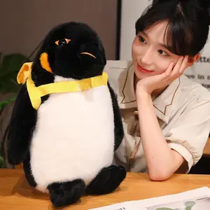 New Kawaii Black Penguin Wearing Yellow Backpack Plush Toys Soft Fluffy Cute Penguin Doll To Children For Birthday Christmas