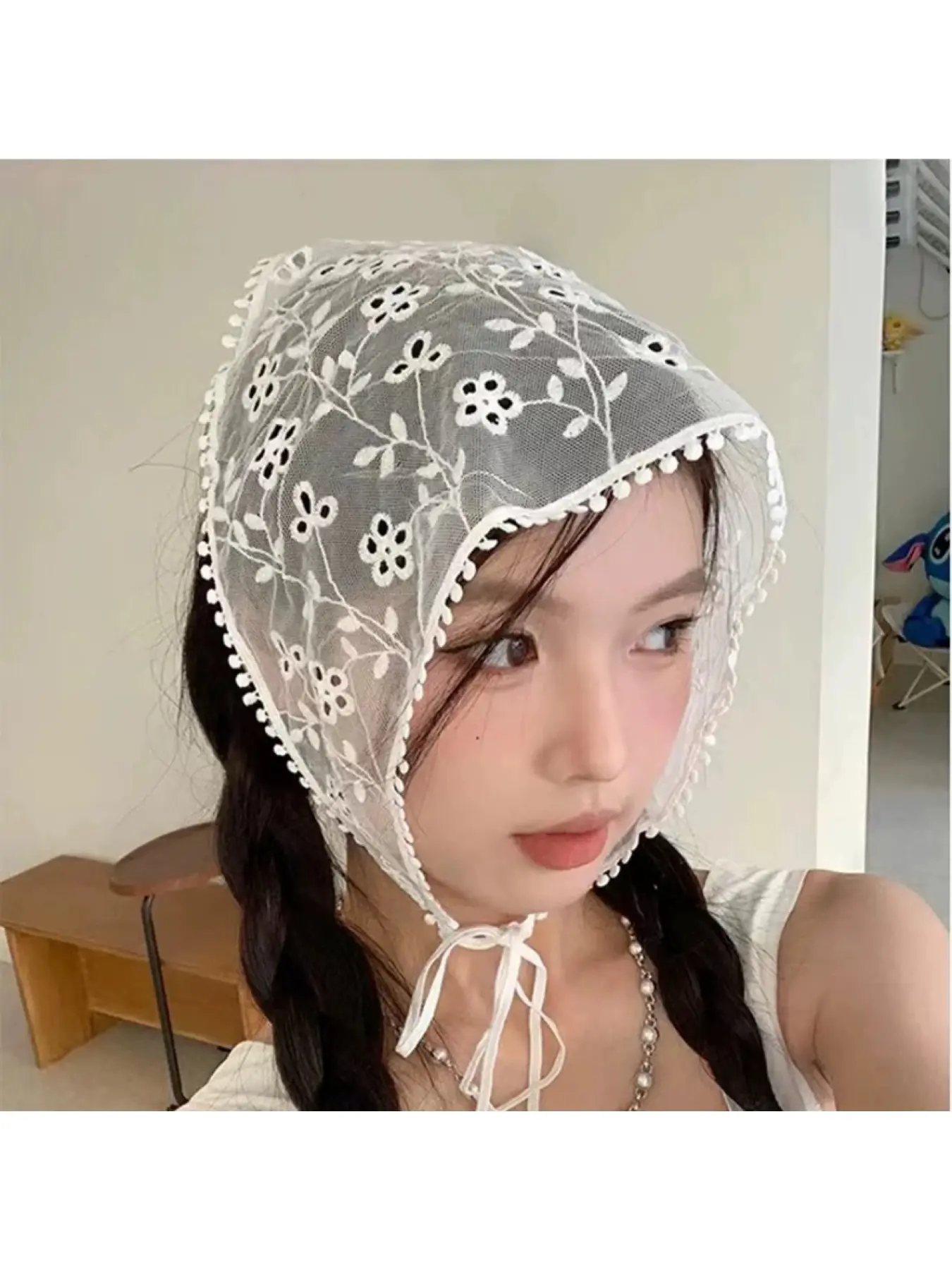 Lace triangle Fashion headscarf women's simple polka dot floral print scarf versatile wrap Boho Style Scarf French retro rustic style hairband for beach photography headwear