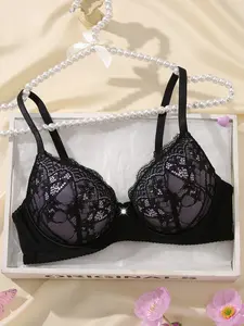 Women's Lace Floral Underwire Push-Up Bra, Natural Lift Anti-Sagging, Soft Breathable Medium Support, Adjustable Straps for Daily Wear & Date Night