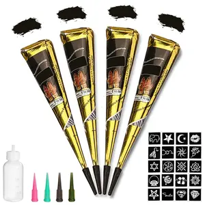 Black Tattoo Cones, Yomagine 4Pcs Black Temporary Tattoo Kit, 100% Natural Ready to Use Tattoo Paste, India Body DIY Art Painting for Women Men Teen with 20 Adhesive Stencils, 1 Bottle, 4Nozzles