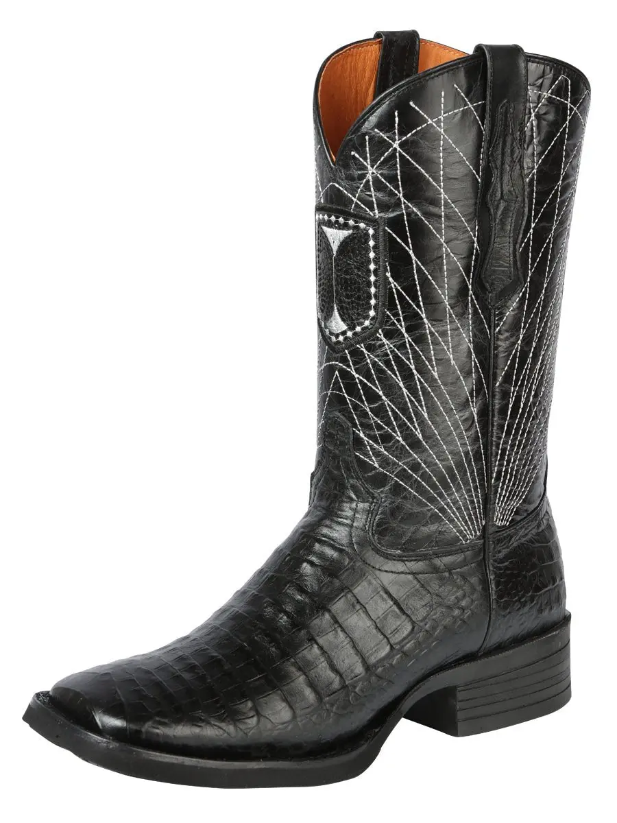 Botas Rodeo de Panza de Caiman Grabado Punta Cuadrada Color Negro - El General