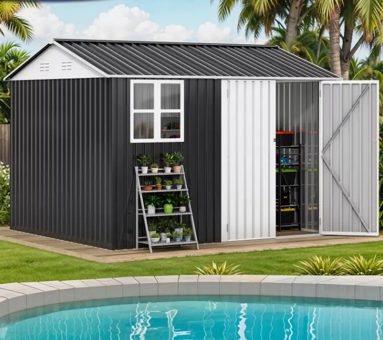 Yitahome 10x8 FT / 9.48x9.58 FT Metal Outdoor Storage Shed 500 CuFT Garden Tools Cabin Non-Flooring Base