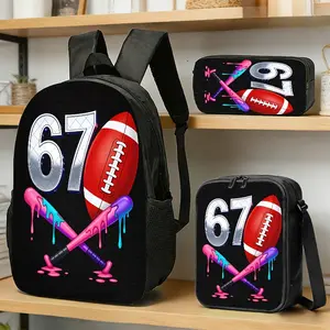 This 3-piece set includes a black backpack, crossbody bag, and pencil case, adorned with a "67" rugby ball and neon bat drip design; its stylish sporty style makes it suitable for young people to use during daily commutes, outdoor activities, or on campus