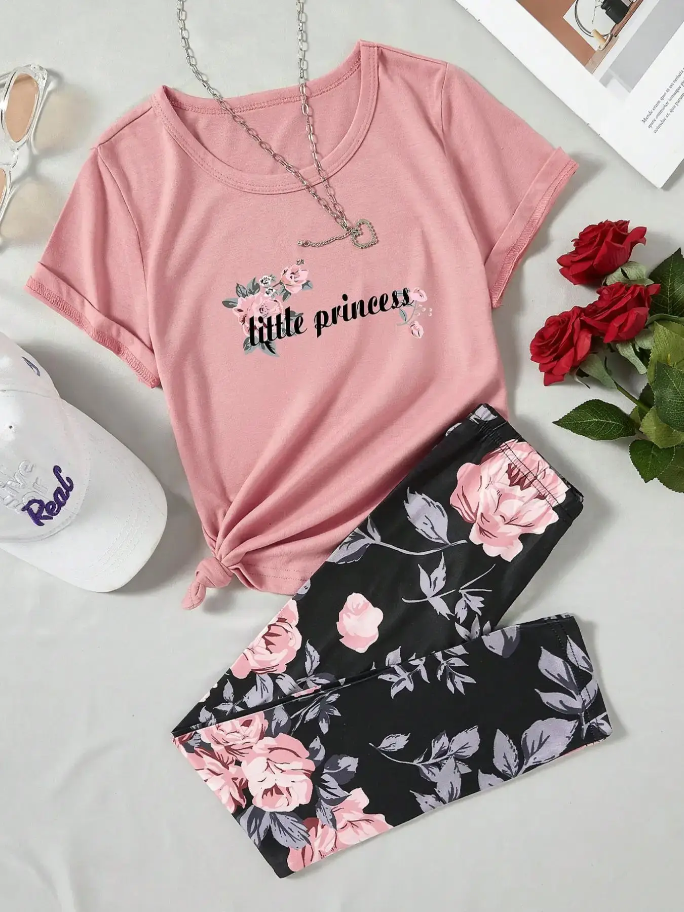 Girl's Letter Print Tee & Elastic Waist Pants Set, Short Sleeve T-shirt & All Over Floral Print Trousers, Casual Summer Clothes for Kids Daily Wear, G