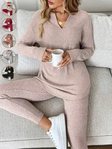 Women’s Casual Fitted Elastic Plush Rib-Knit Long-Sleeve T-Shirt and Leggings Set, 2 Pieces, for Autumn and Winter Wear