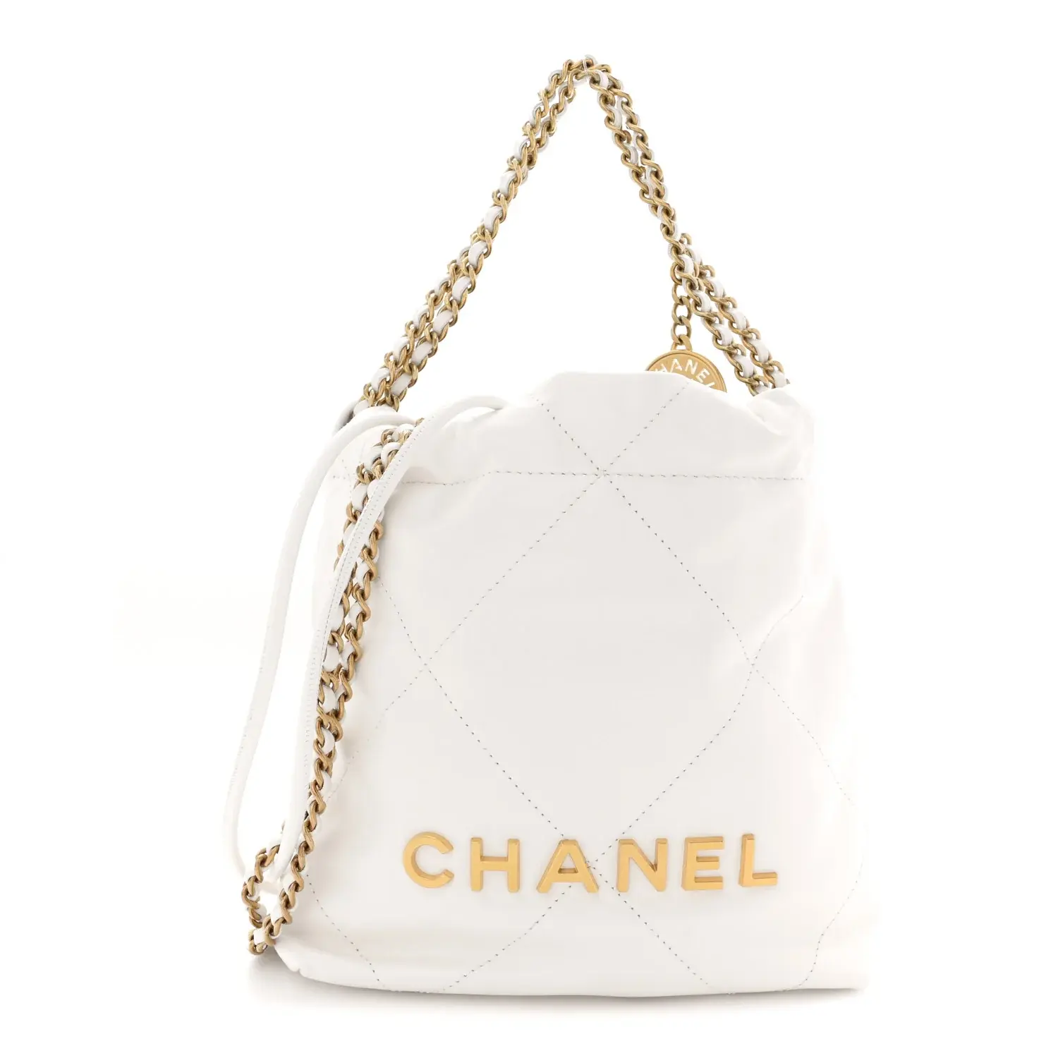 Pre-owned CHANEL Shiny Calfskin Shoulder Bags Quilted Mini 22 White