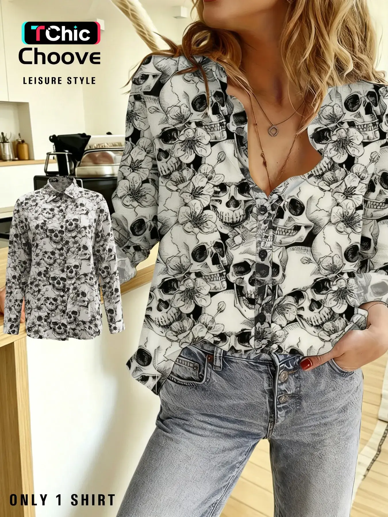 Women's All Over Skull Print Button Front Shirt, Casual Long Sleeve Collared Top for Daily Wear, Ladies Clothes for All Seasons
