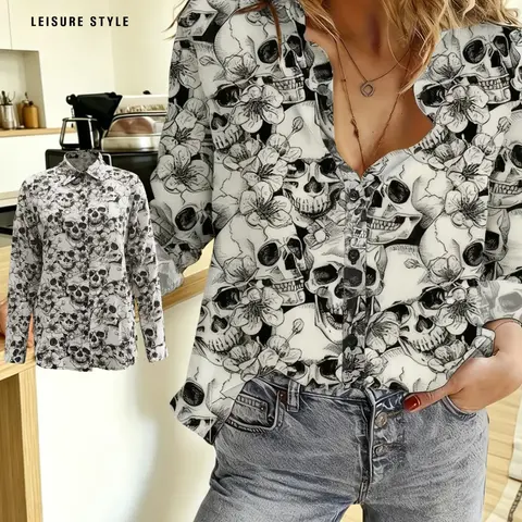 Women's All Over Skull Print Button Front Woven Shirt, Casual Long Sleeve Collared Top for Daily Wear, Ladies Clothes for All Seasons