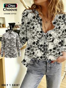 women's all over skull print button front shirt, casual long sleeve collared top for daily wear, ladies clothes for all seasons, blouse