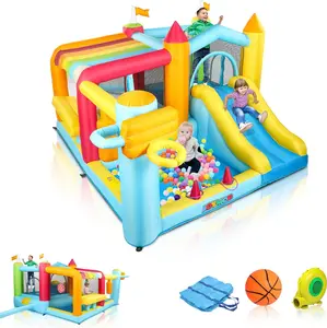 JOYMOR 9-in-1 Bounce House for Big Kids 8-12 w/Height-Adjustable Basketball Hoop, 30s Quick Inflatable Bounce House for Kids 3-6 with Blower, Portable Bag for Indoor Outdoor Party (Kiosk Theme)