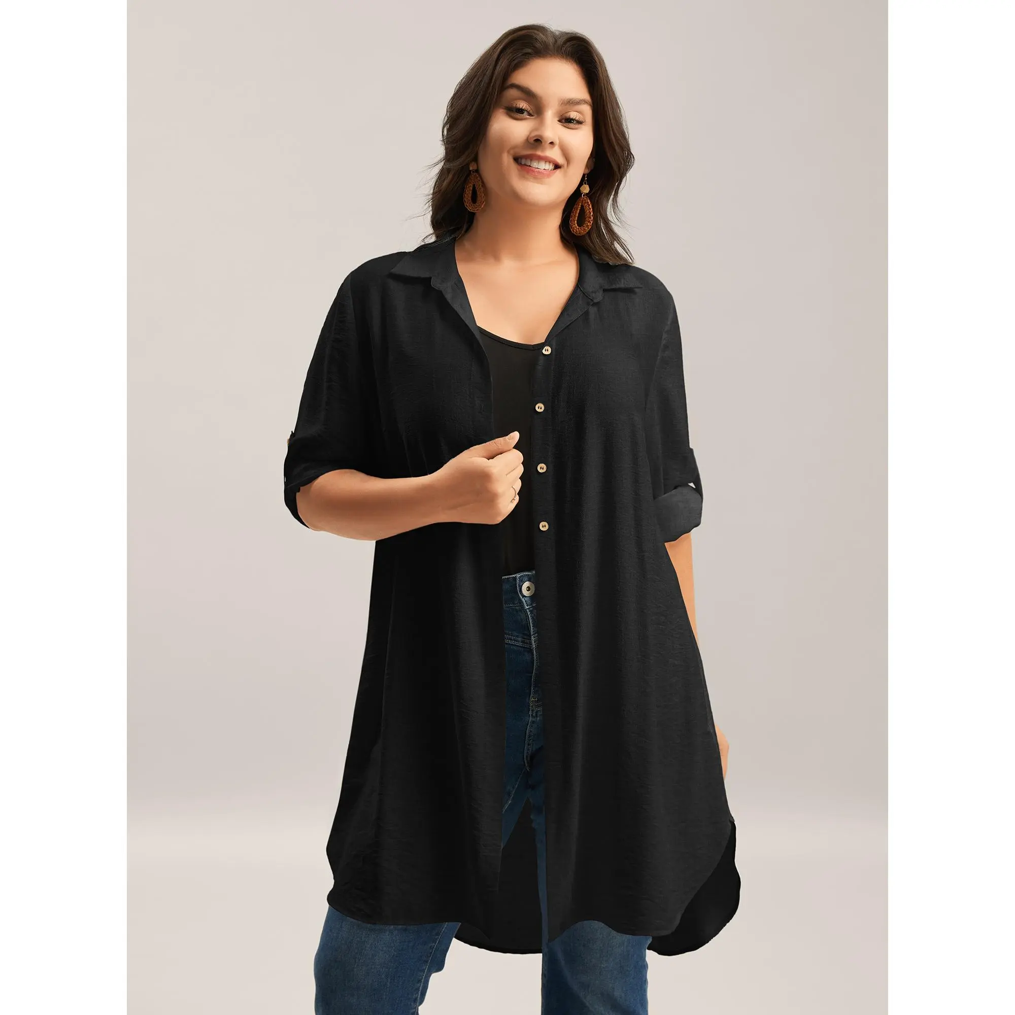BloomChic Women's Plus Size Casual Button-Down Blouse - Nylon-Rayon Blend, Lightweight Breathable Smooth Loose-Fit Long-Cuff Sleeve Top, Comfy Casual, Office Use, Do Not Tumble Dry