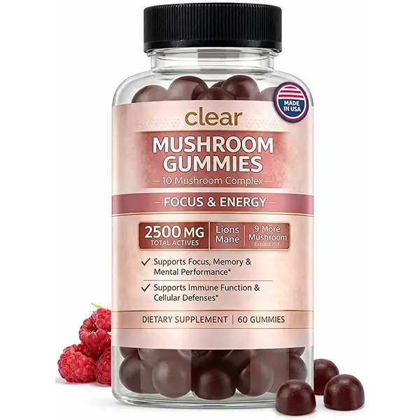 Mushroom Gummies for Focus & Energy | 10 Mushroom Blend with Cordyceps, Reishi, Turkey Tail & Chaga | Brain Support, Mental Clarity, Memory, Immune Support | Raspberry Flavor | 60 Gummies