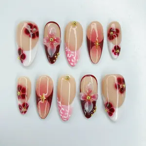Chic Nail Studio Luxury Press-On Nails Collection | Burgundy Floral Art with Gold Accents | Elegant Handmade Nail Art | Acrylic Press On Nails | Reusable Nail Set 10 PCS | Premium Nail Charms