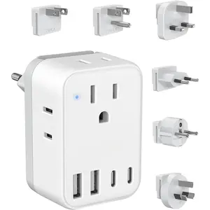 International Power Adapter Set,  to EU/UK/AUS/ Universal Travel Adapter- 4 AC Outlets 4 USB Ports (2 USB C), Worldwide Travel Plug Adapter Kit Include Type F/G/I/C/B/A Detachable Charger Plug