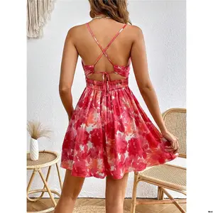 Dress backless neck hanging backless tie printed floral VCAY SHEIN