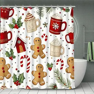 1/4 pcs Christmas gingerbread man themed shower curtain set, festive design, non-slip floor mat, U-shaped carpet, toilet seat cover, perfect for bathroom decoration, partition, Bathroom Decoration Accessories, 12 shower curtain hooks included