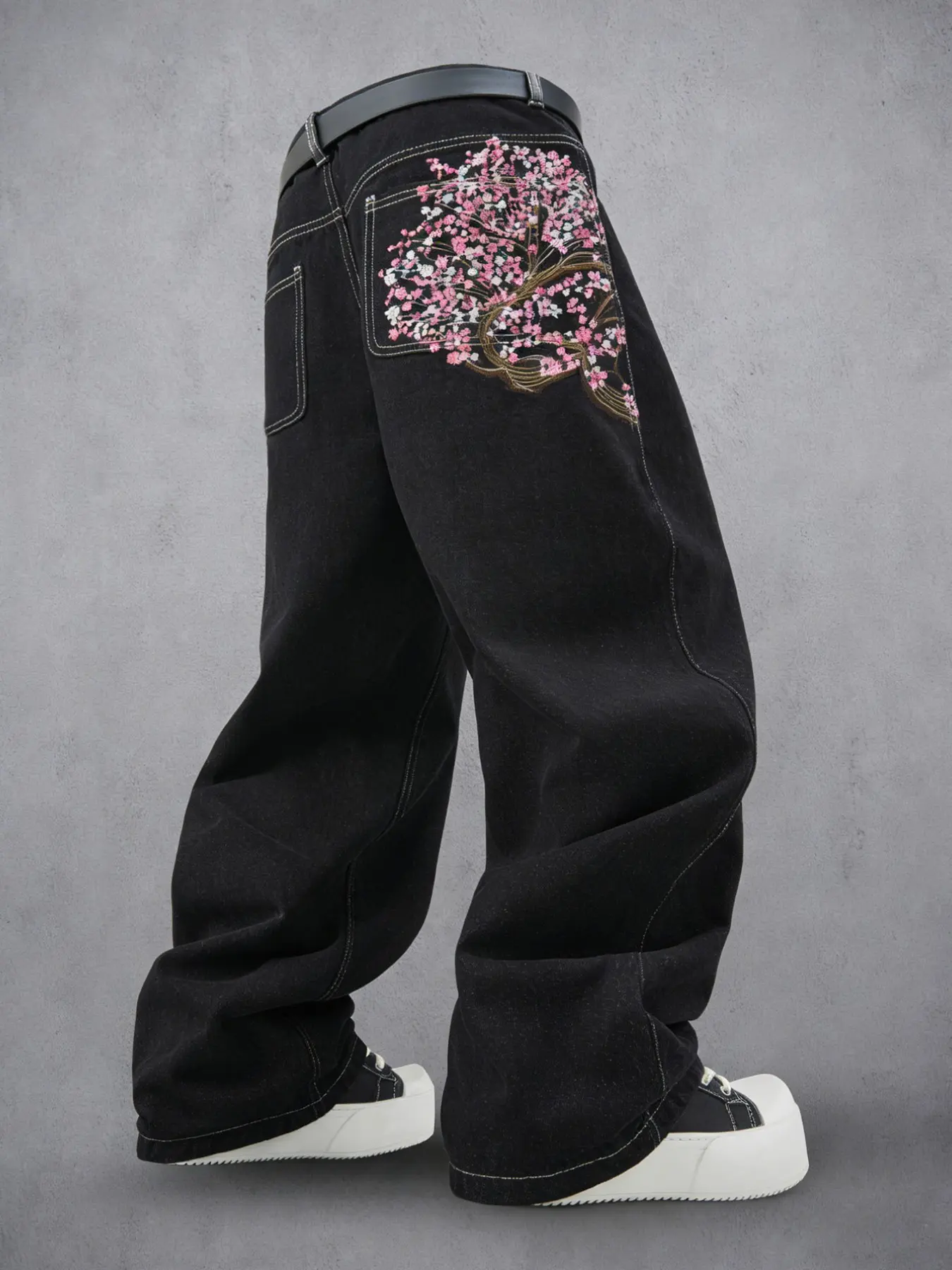 Plus Size Men's Loose Wide Leg Jeans, Cherry Embroidered Denim, Y2K Hip Hop Rock Style, Aesthetic Street Fashion Vintage, All Season, Streetwear Denim Jeans