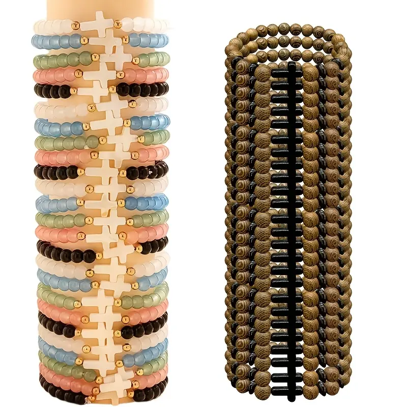 30pcs Unisex Christian Wood Spiritual Jewelry Set - Handmade Brown Cross Pendant Bracelets & Bangles, Colorful Mix Embellishments, Christian Cross Print, Smooth Beads, Elegant Beadwork, Ideal for Baptism, Wedding, Bracelet Set, Religious, Christian Cross