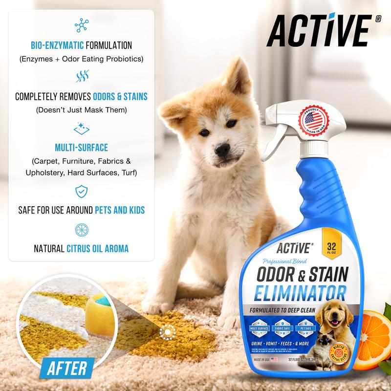 Pet Odor and Stain Eliminator - 32 oz ACTIVE Enzyme Cleaner for Dog & Cat Urine, Stain Remover Spray for Carpet, Upholstery, Hardwood, Spot Cleaning, Deodorizer for Dogs Cats Pets - Natural Citrus Oil