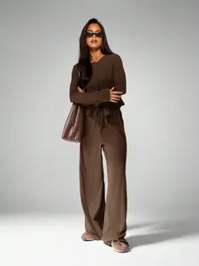 Spring Fall Women's Plain Round Neck Long Sleeve Set, Slim Fit Top & Pants, Casual Two-Piece, Comfortable Daily Wear Womenswear