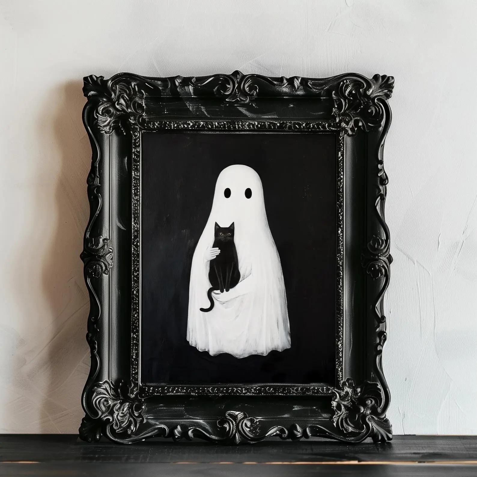 Halloween Black Cat Ghost Poster, Spooky Dark Academia Wall Art, Antique Vintage Home Decor Print, Unique Artwork