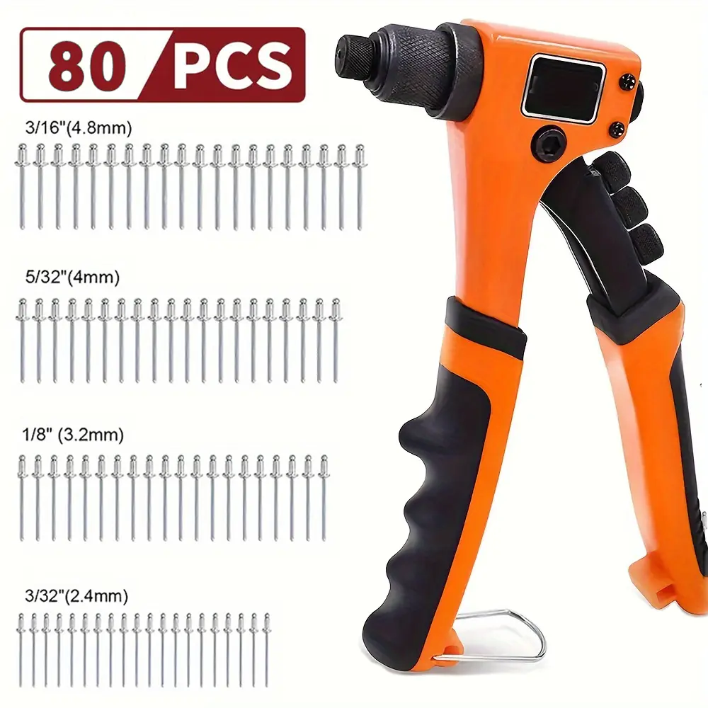 80pcs Rivet Nuts Set with 4 Head Manual Rivet Gun Heavy Duty Portable Professional Car Repair Tool Kit for Fastening Metal Plastic Leather Industrial Hardware