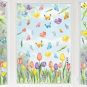210PCS Spring Window Clings, 9 Sheet Spring Window Clings for Glass Windows with Tulip Flowers Butterfly, Double-Side Decals Stickers Decorations for Home Office Decor